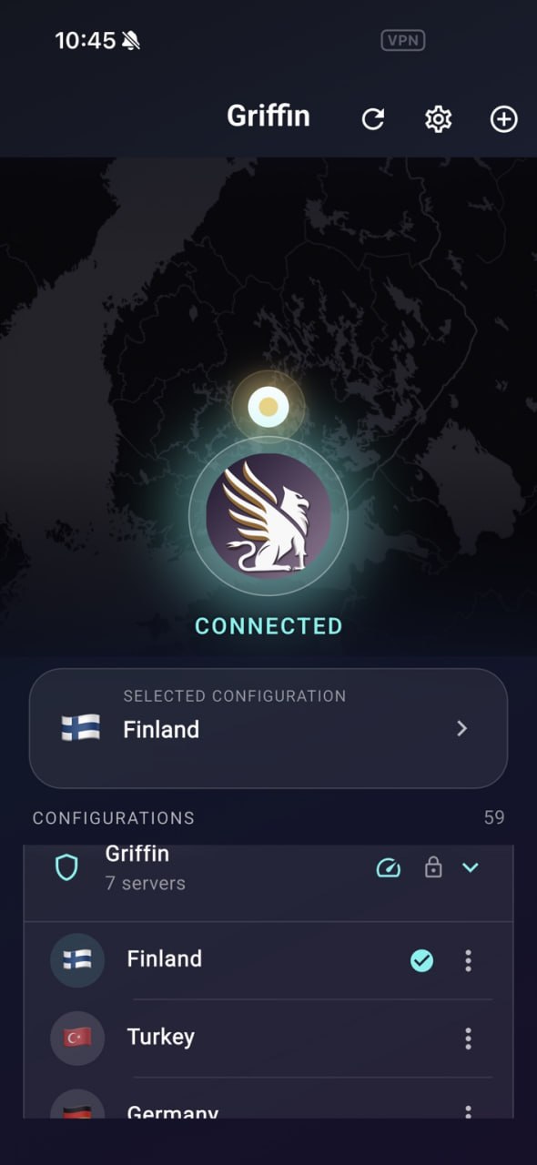 Griffin Client connected screen in dark mode