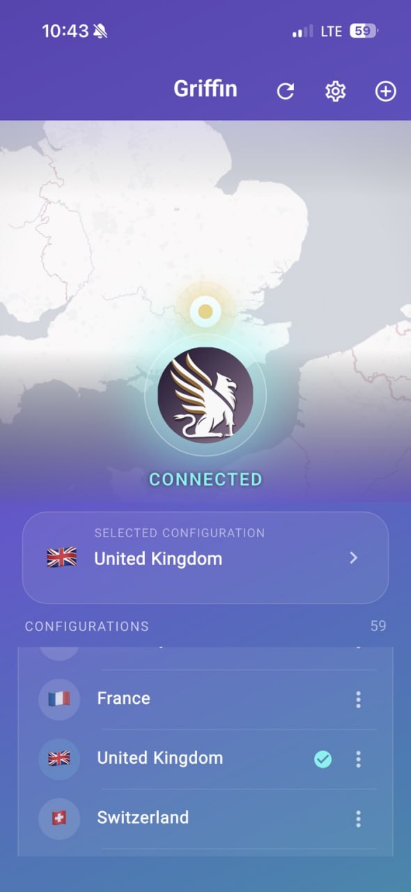 Griffin Client main screen with selected United Kingdom configuration