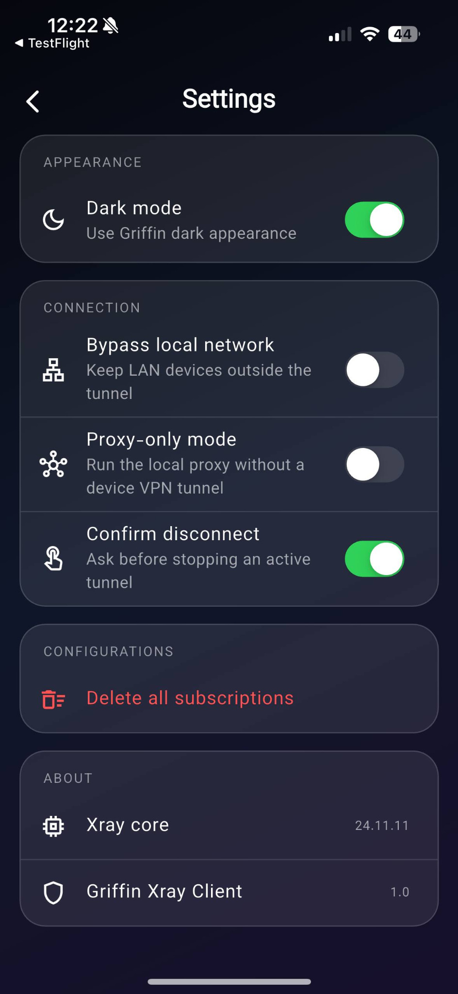 Griffin Client settings screen